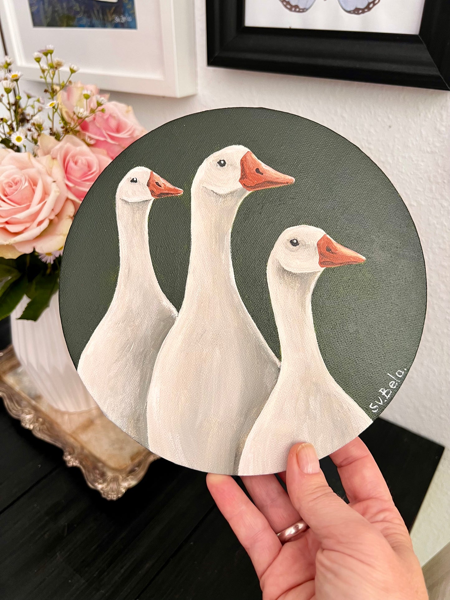 “Three Geese” Acrylic Naïve Folk Art, Round Canvas, 20 cm