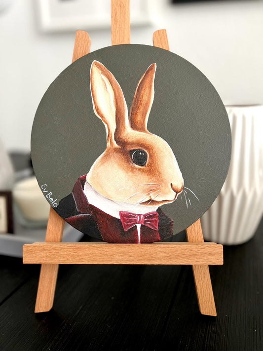 Mr. Rabbit. Acrylic painting on canvas, round, 20*20 cm, gift idea, wall decoration, country house decor.