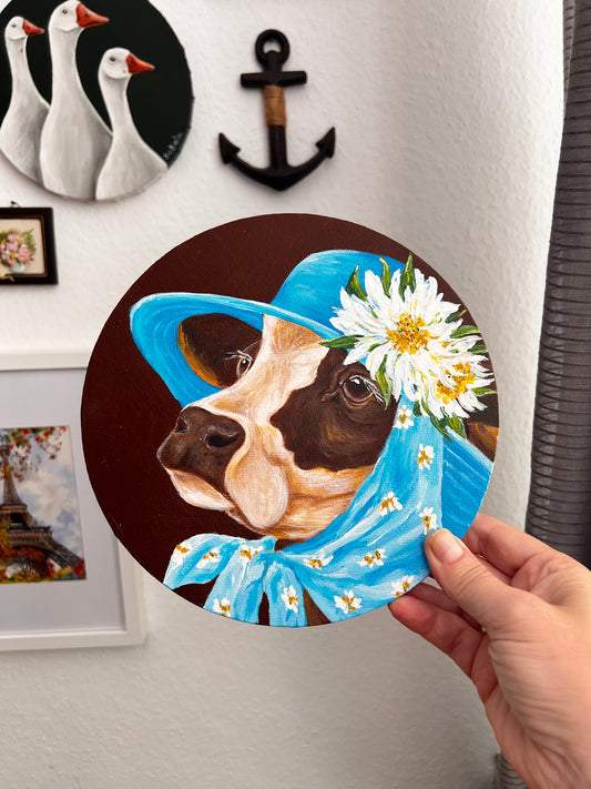 "Whimsical Cow in Blue Hat" Acrylic Naïve Folk Art, Round Canvas, 20 cm