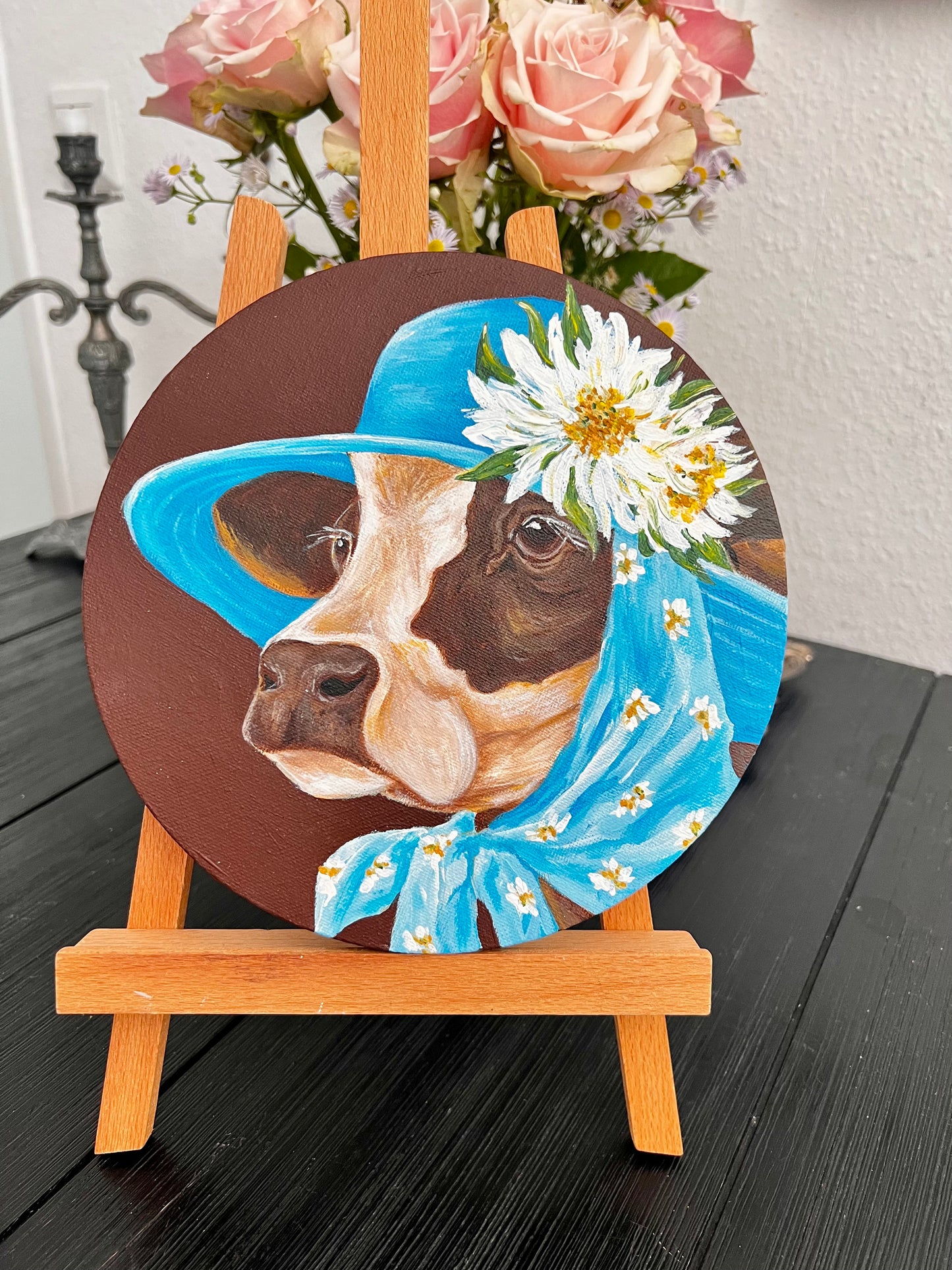 "Whimsical Cow in Blue Hat" Acrylic Naïve Folk Art, Round Canvas, 20 cm