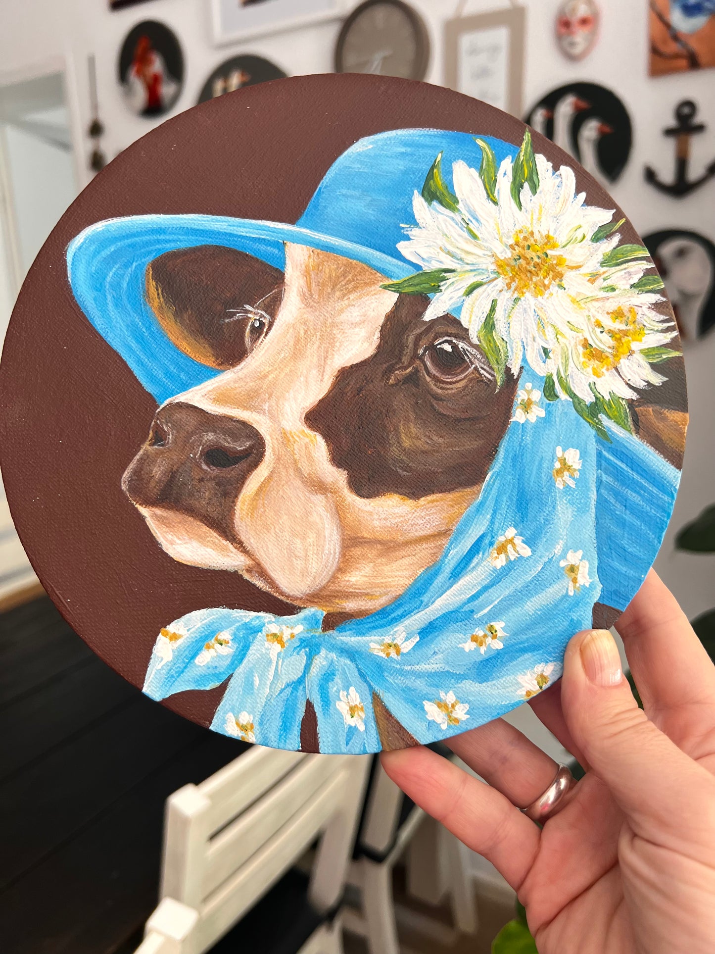 "Whimsical Cow in Blue Hat" Acrylic Naïve Folk Art, Round Canvas, 20 cm