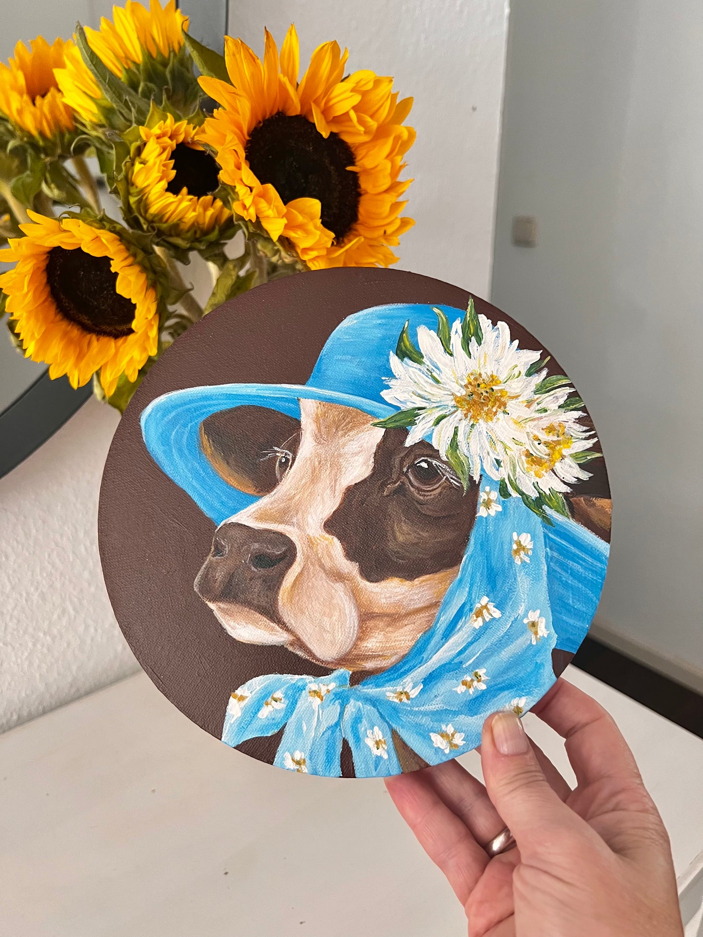 "Whimsical Cow in Blue Hat" Acrylic Naïve Folk Art, Round Canvas, 20 cm