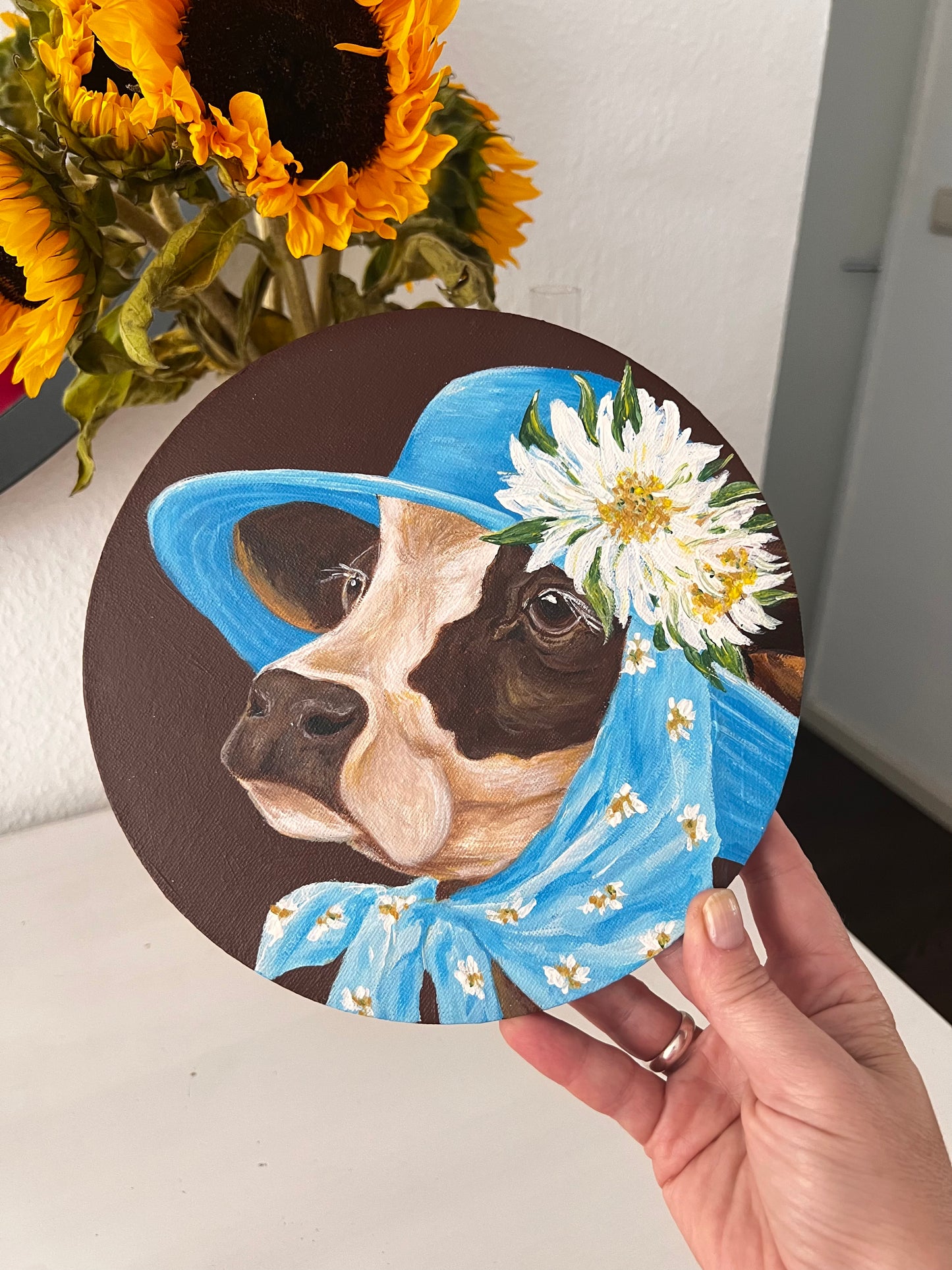 "Whimsical Cow in Blue Hat" Acrylic Naïve Folk Art, Round Canvas, 20 cm