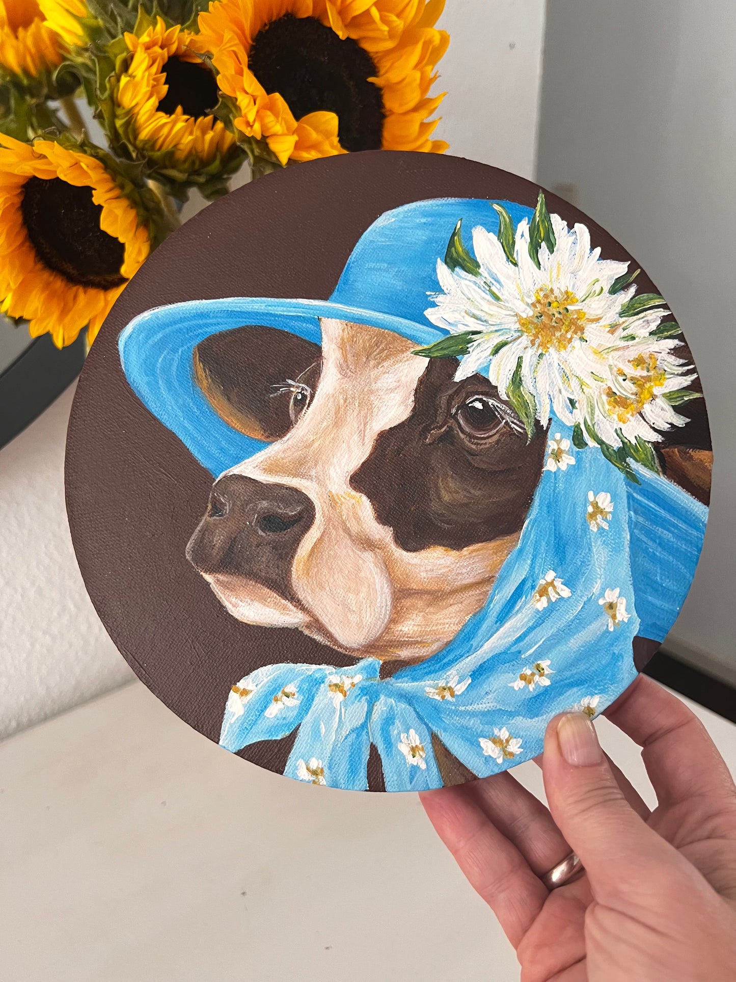 "Whimsical Cow in Blue Hat" Acrylic Naïve Folk Art, Round Canvas, 20 cm