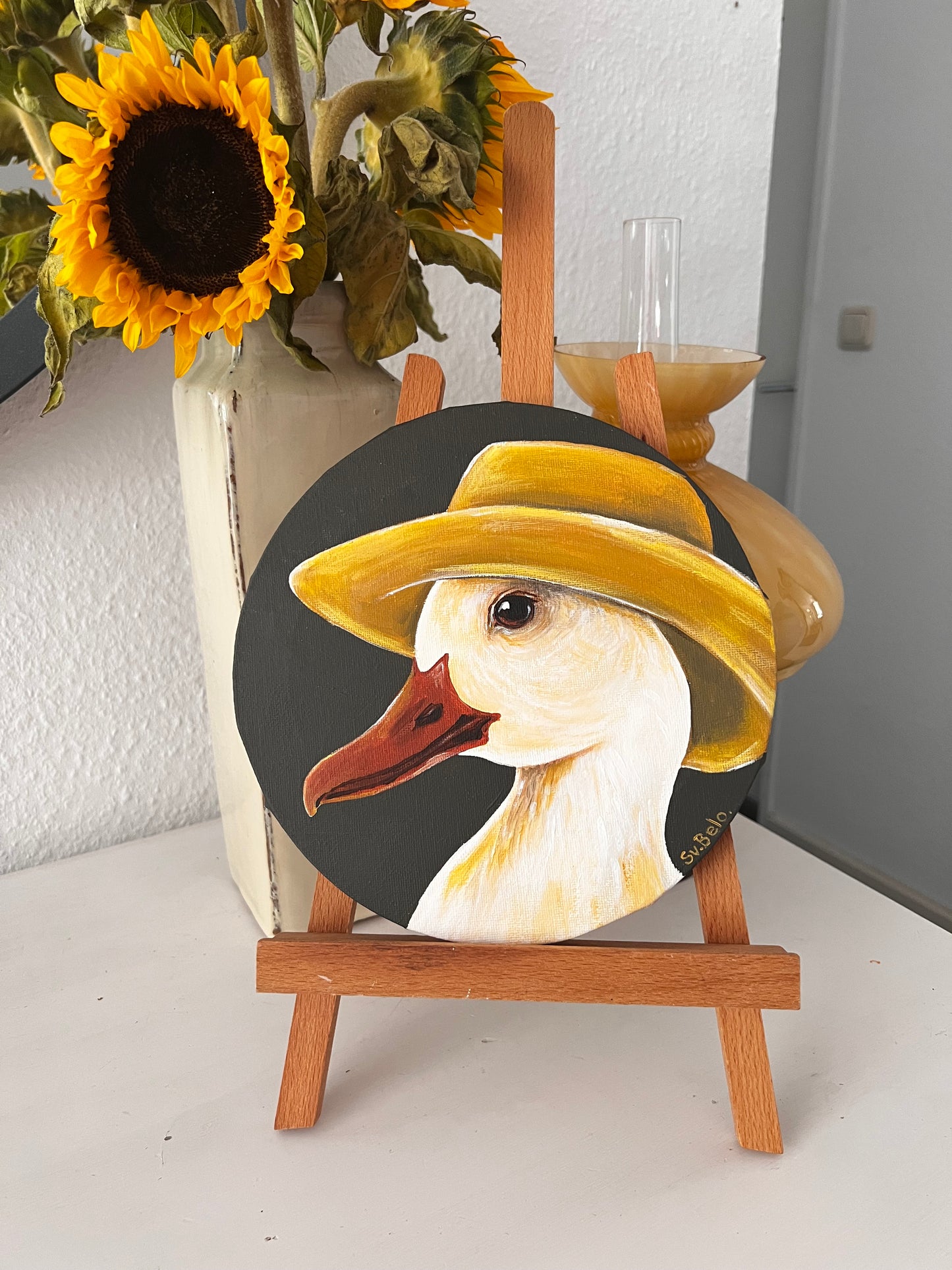“Whimsical Duck in Yellow Hat” 20 cm Round Folk Art Acrylic Painting