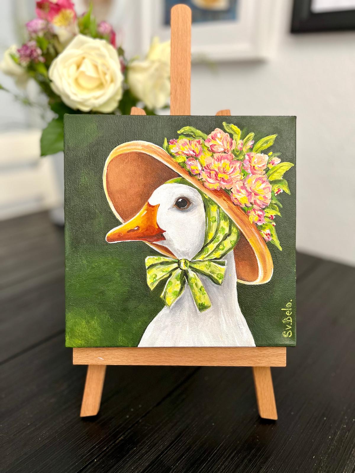 Madame goose with a hat of flowers Acrylic painting on canvas square 20x20 cm