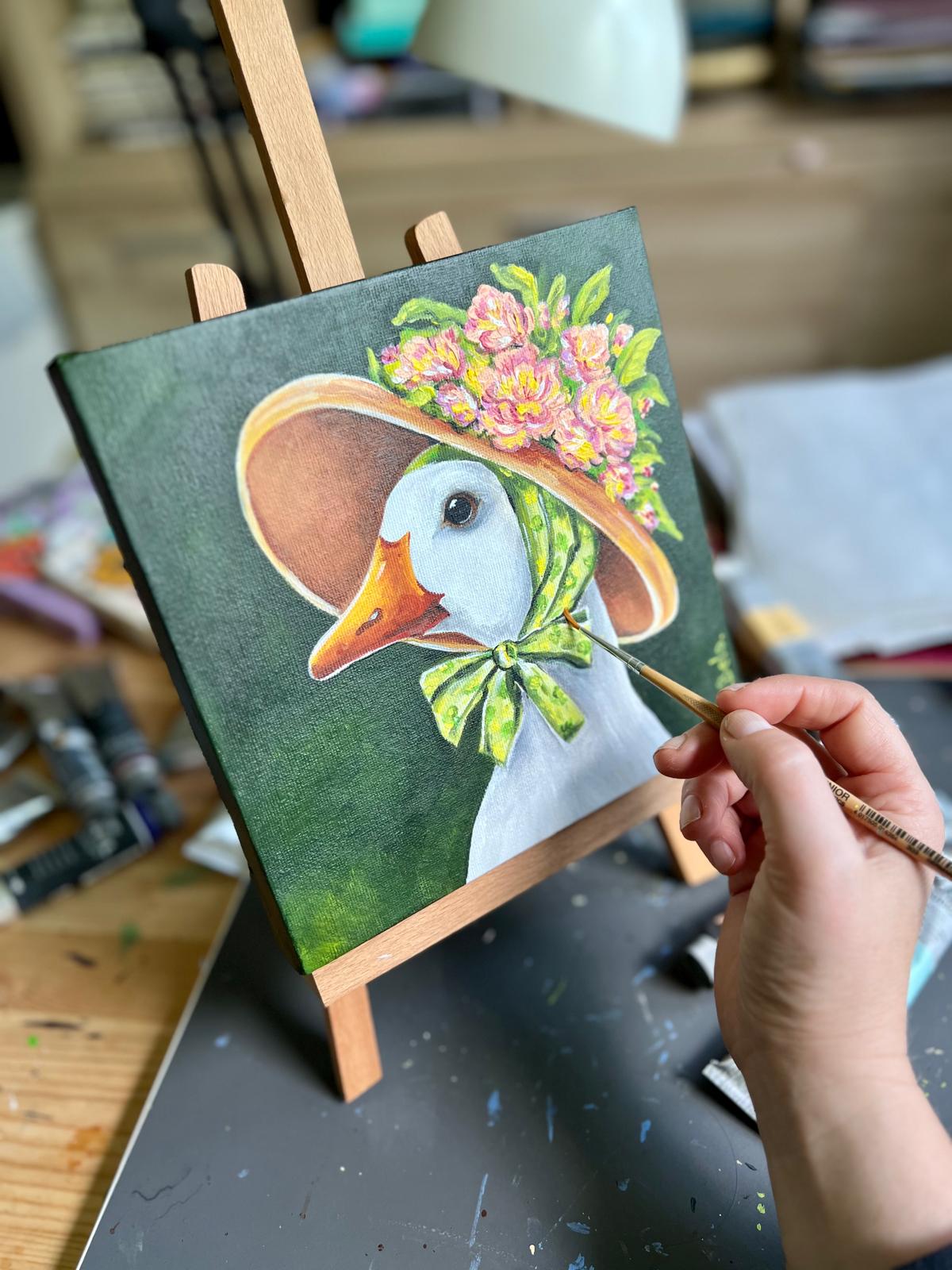 Madame goose with a hat of flowers Acrylic painting on canvas square 20x20 cm