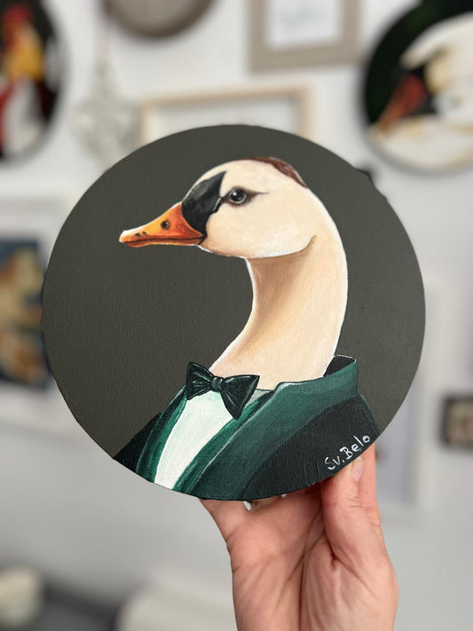 Mr. Goose in a tuxedo with a bow tie. Round painting 20 cm Naive art Acrylic canvas Gift Idea Home decoration Wall Gallery Country House