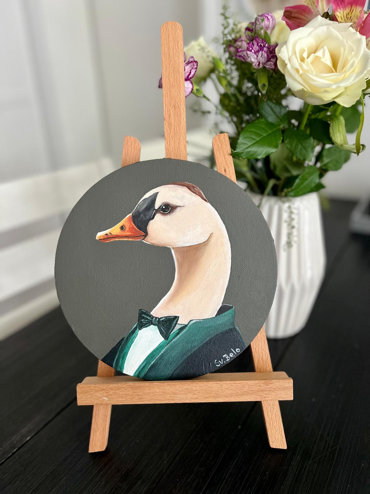 Mr. Goose in a tuxedo with a bow tie. Round painting 20 cm Naive art Acrylic canvas Gift Idea Home decoration Wall Gallery Country House