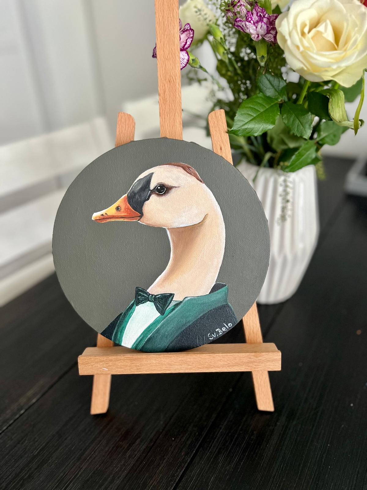 Mr. Goose in a tuxedo with a bow tie. Round painting 20 cm Naive art Acrylic canvas Gift Idea Home decoration Wall Gallery Country House