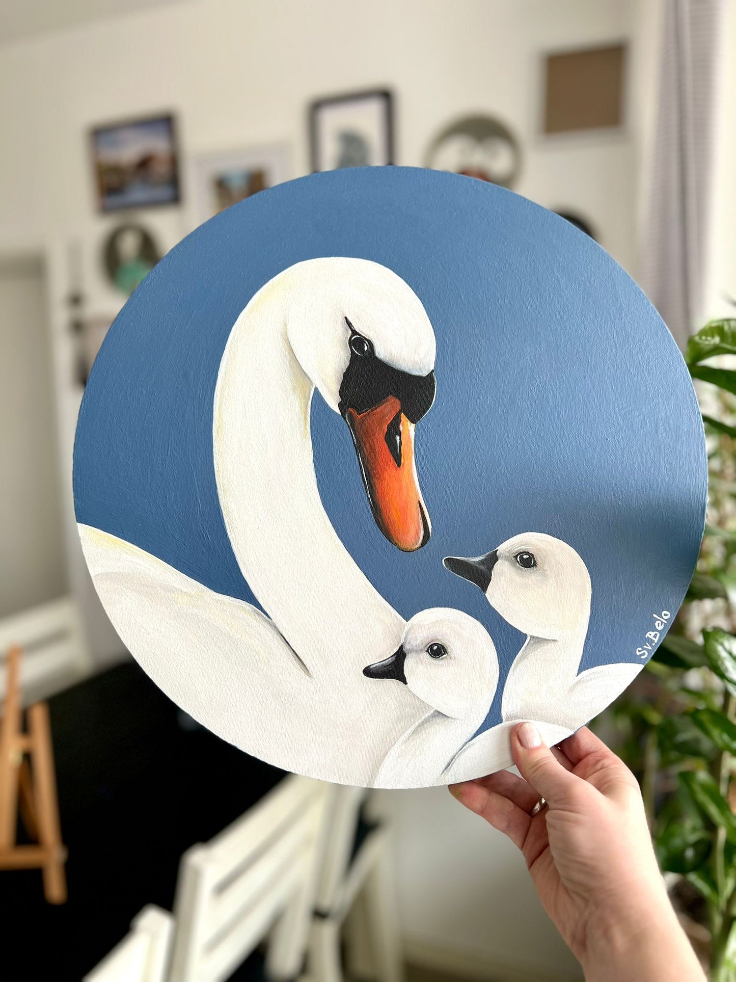 Loving swan mom with her children. Acrylic painting canvas. Gift for mom. Warmth kindness tenderness maternal love country style country home