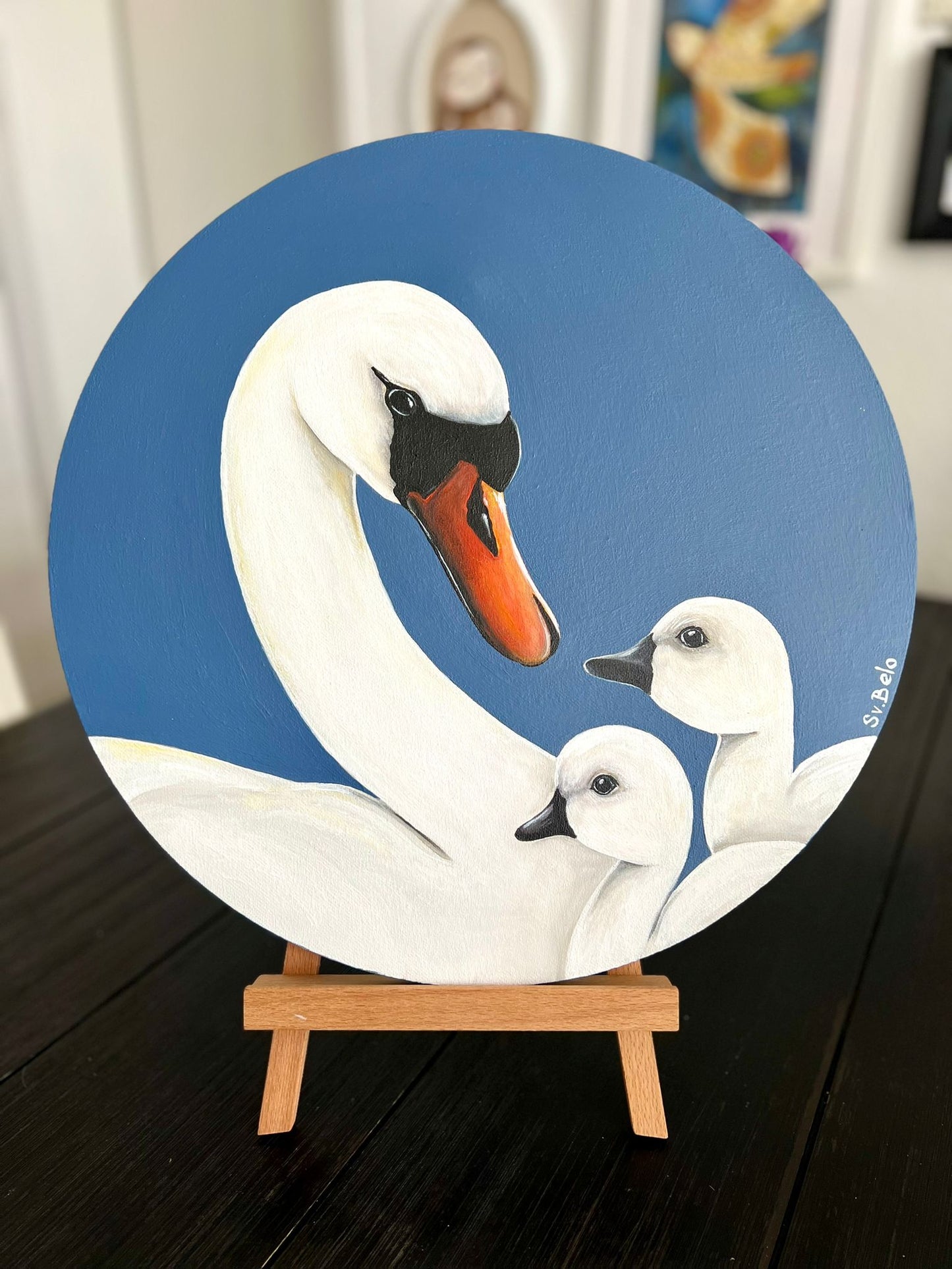 Loving swan mom with her children. Acrylic painting canvas. Gift for mom. Warmth kindness tenderness maternal love country style country home