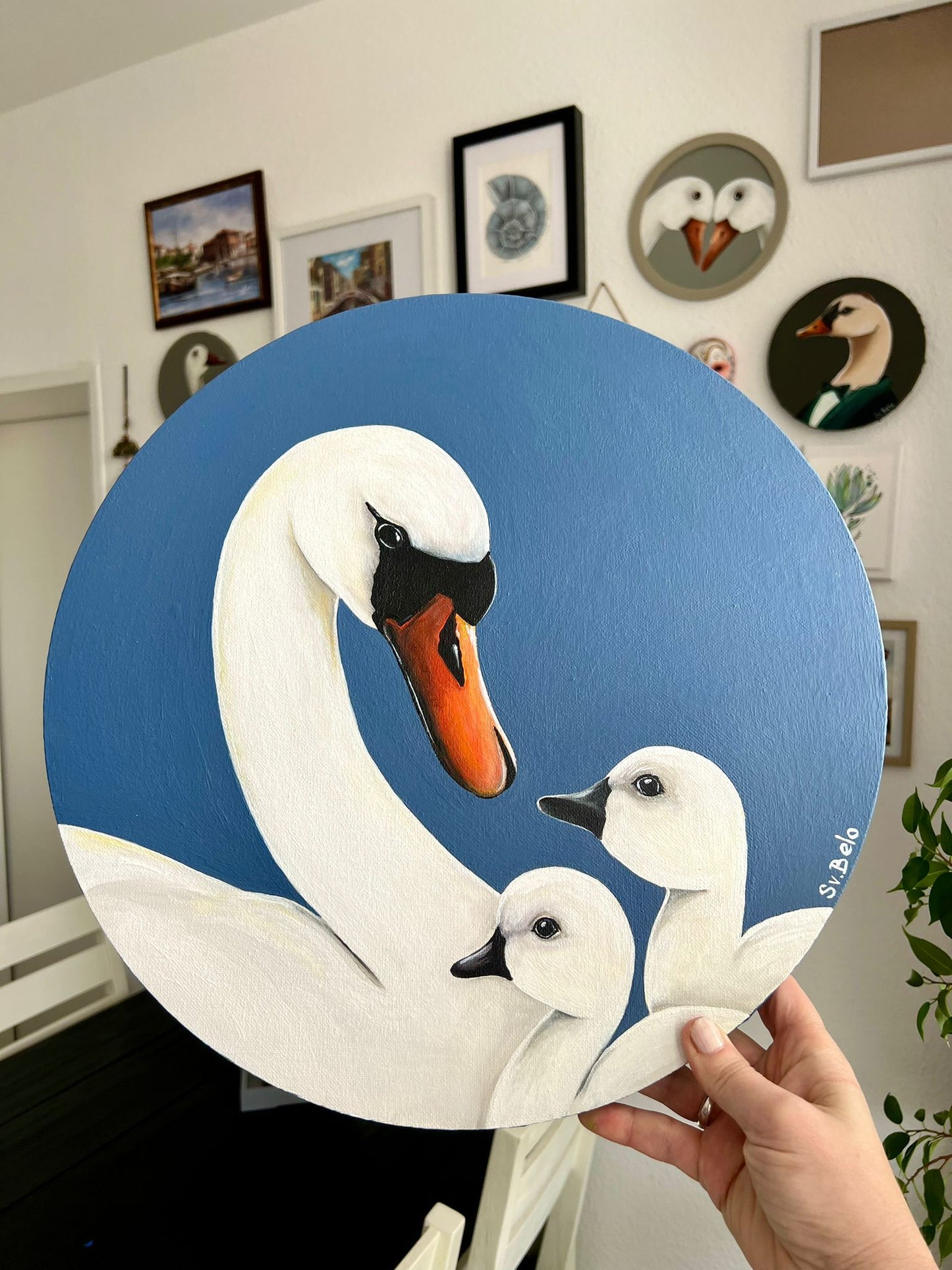 Loving swan mom with her children. Acrylic painting canvas. Gift for mom. Warmth kindness tenderness maternal love country style country home