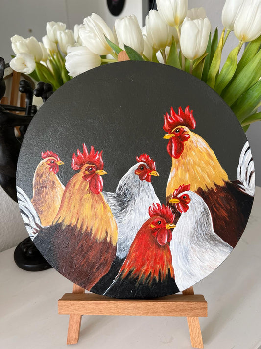 Team building. Chickens. Acrylic painting on canvas, round 30 cm, gift idea, wall decoration, country house decor.