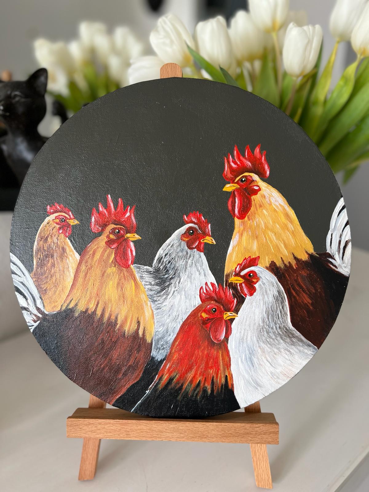 Teambildung. Hühner. Gemälde, Rund 30*30cm, Geschenkidee, Wanddekoration, Homedecor.