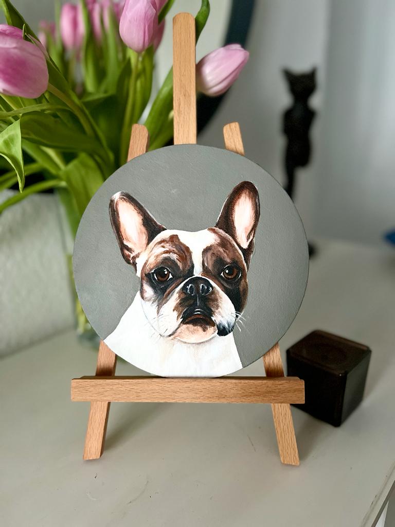 Girl. Dog. Acrylic painting on canvas, round, 20 cm, gift idea, wall decoration, country house decor.