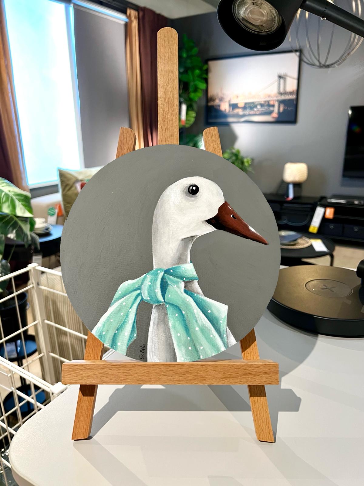 Ein weißes Gans mit einer zarten grünen und blauen Schleife. Gemälde, rund, 20*20cm, Geschenkidee, Wanddekoration, Homedecor.