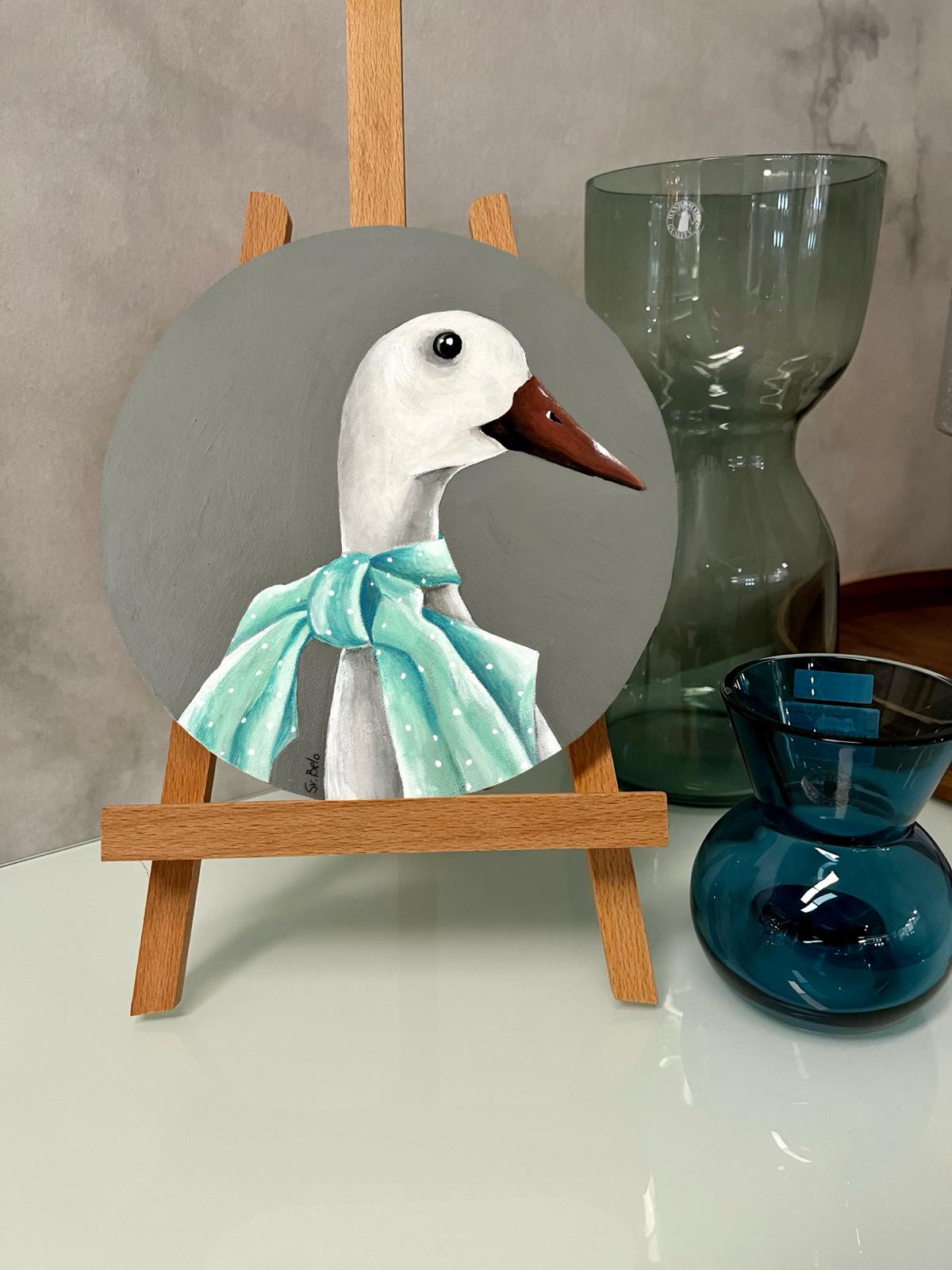 Ein weißes Gans mit einer zarten grünen und blauen Schleife. Gemälde, rund, 20*20cm, Geschenkidee, Wanddekoration, Homedecor.