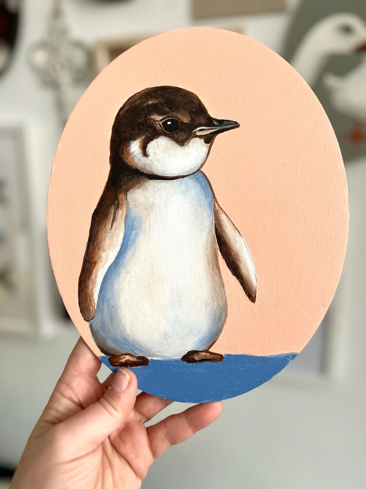 Baby penguin. Painting, oval, 20*25 cm, gift idea, wall decoration, home decor.