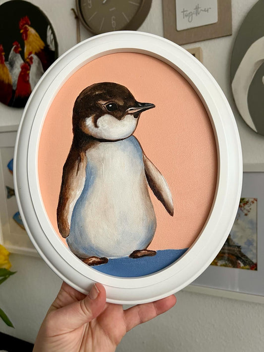 Baby penguin. Painting, oval, 20*25 cm, gift idea, wall decoration, home decor.