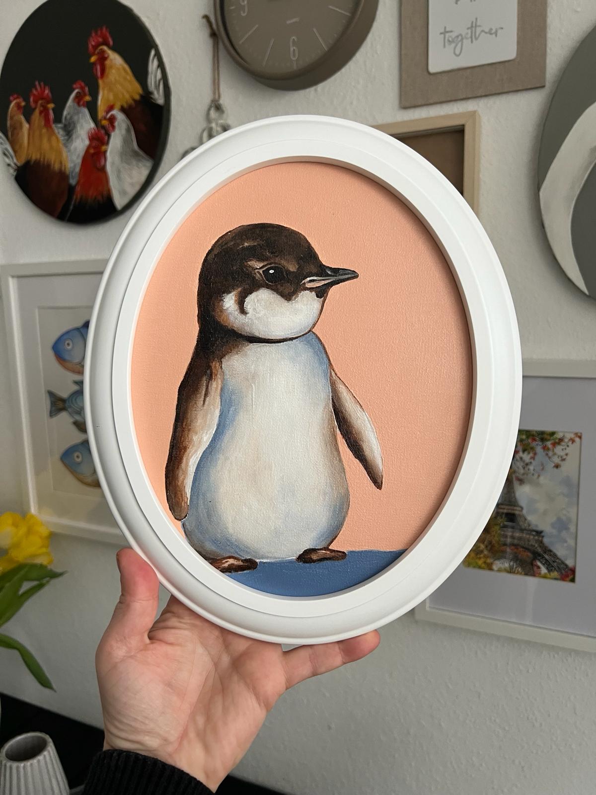 Baby penguin. Painting, oval, 20*25 cm, gift idea, wall decoration, home decor.