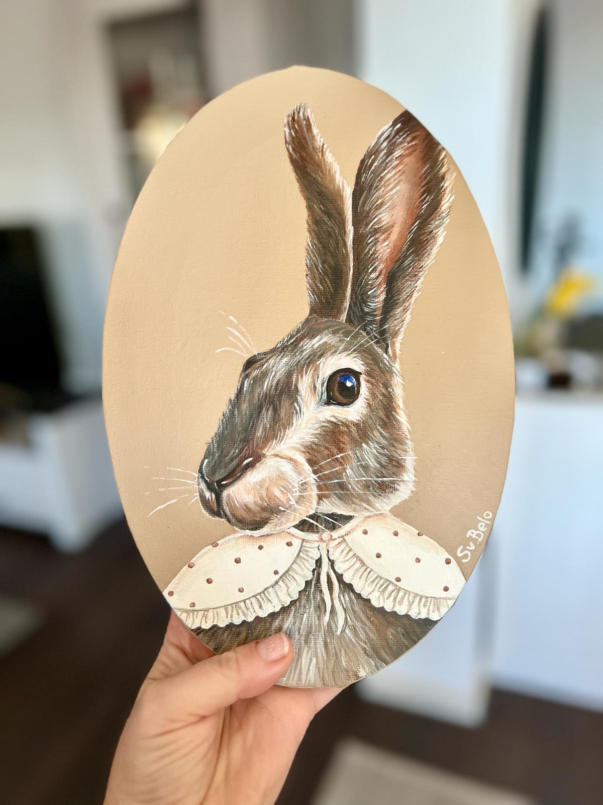 Brown rabbit with white polka dot collar. Oval Acrylic Painting