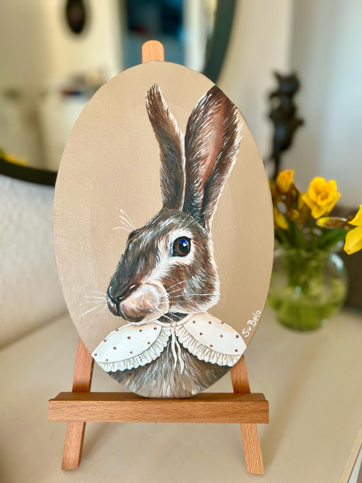 Brown rabbit with white polka dot collar. Oval Acrylic Painting