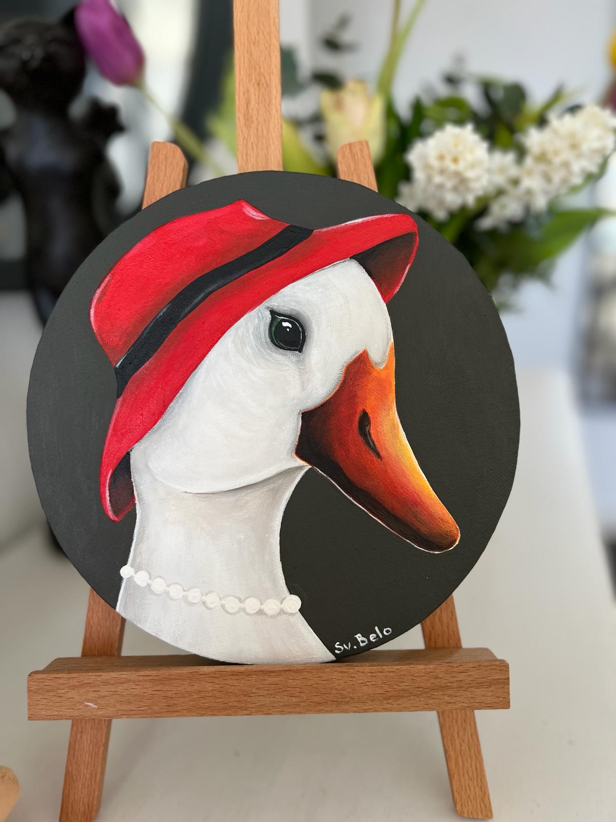 Round painting 20 cm Coco Chanel Animals-people Animals as people Animal in clothes Goose with a red cap Geese Goose Naive art painting Acrylic canvas Brown red white Gift Idea Home decoration Wall Gallery Country House