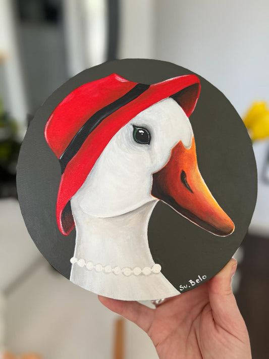 Round painting 20 cm Coco Chanel Animals-people Animals as people Animal in clothes Goose with a red cap Geese Goose Naive art painting Acrylic canvas Brown red white Gift Idea Home decoration Wall Gallery Country House