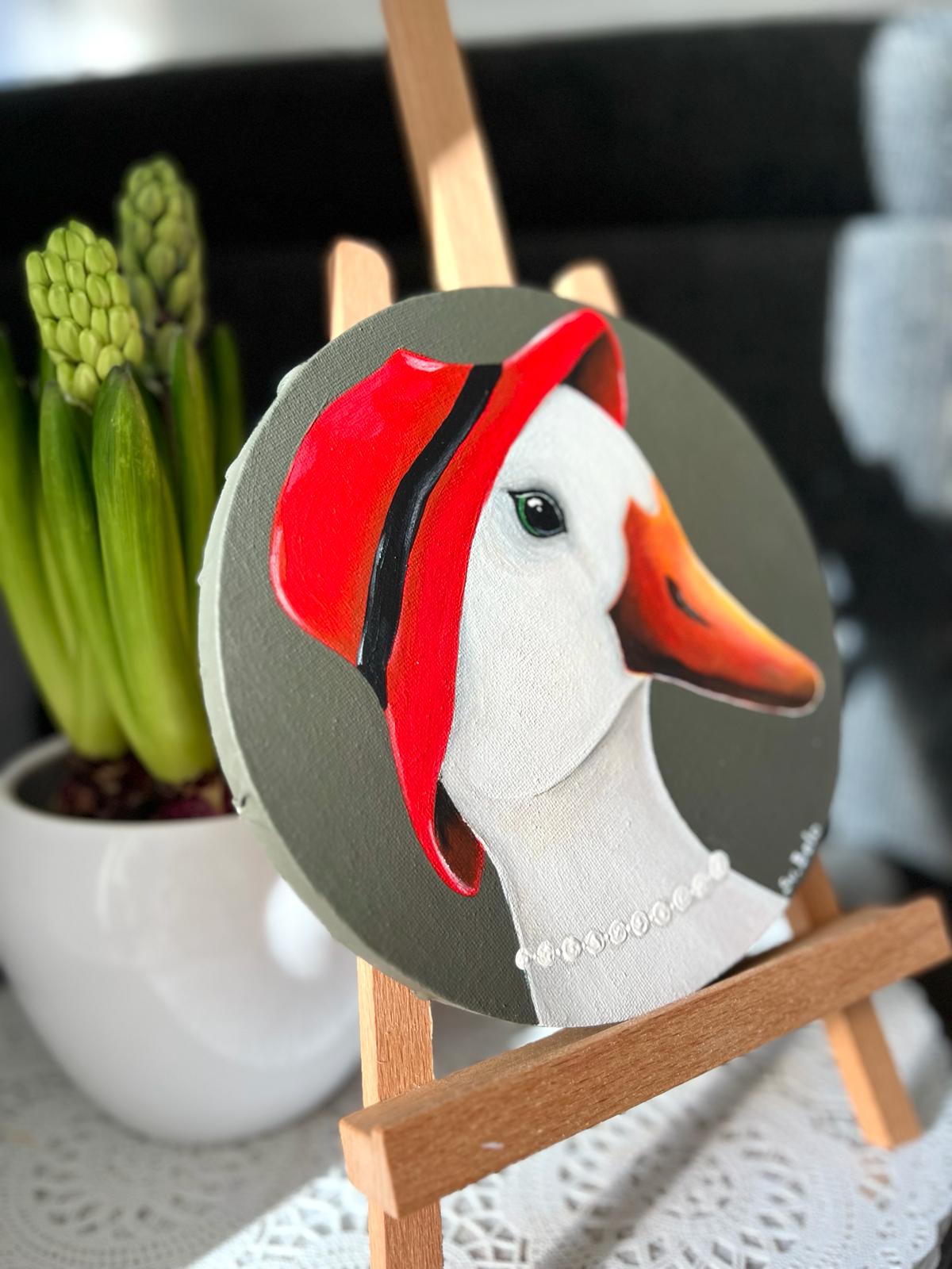 Round painting 20 cm Coco Chanel Animals-people Animals as people Animal in clothes Goose with a red cap Geese Goose Naive art painting Acrylic canvas Brown red white Gift Idea Home decoration Wall Gallery Country House