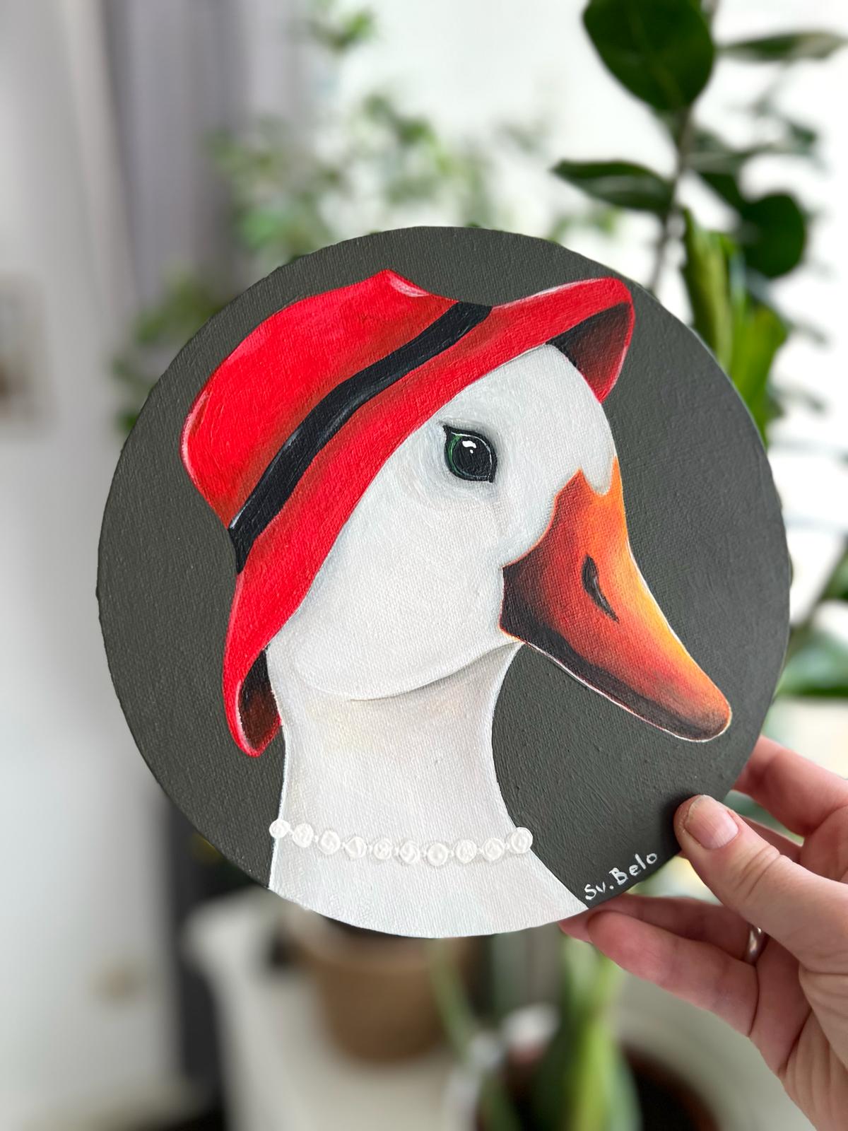 Round painting 20 cm Coco Chanel Animals-people Animals as people Animal in clothes Goose with a red cap Geese Goose Naive art painting Acrylic canvas Brown red white Gift Idea Home decoration Wall Gallery Country House