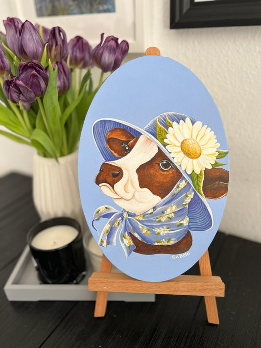 Cow with hat on blue background Oval painting Watercolor Canvas Naive art Rustic style Country style Decor Design 20 x 30 cm Anthropomorph