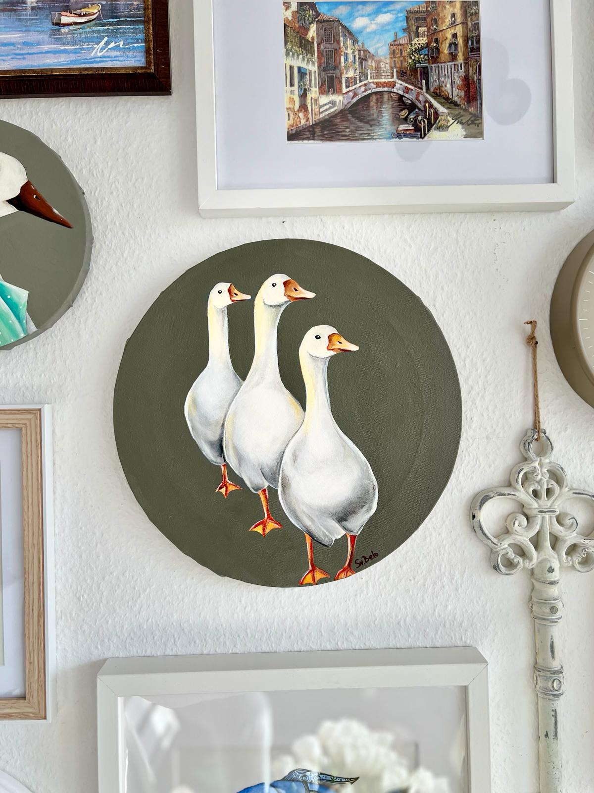 Three goose friends on a dark gray background. Painting, round, 30*30cm, gift idea, wall decoration, home decor.