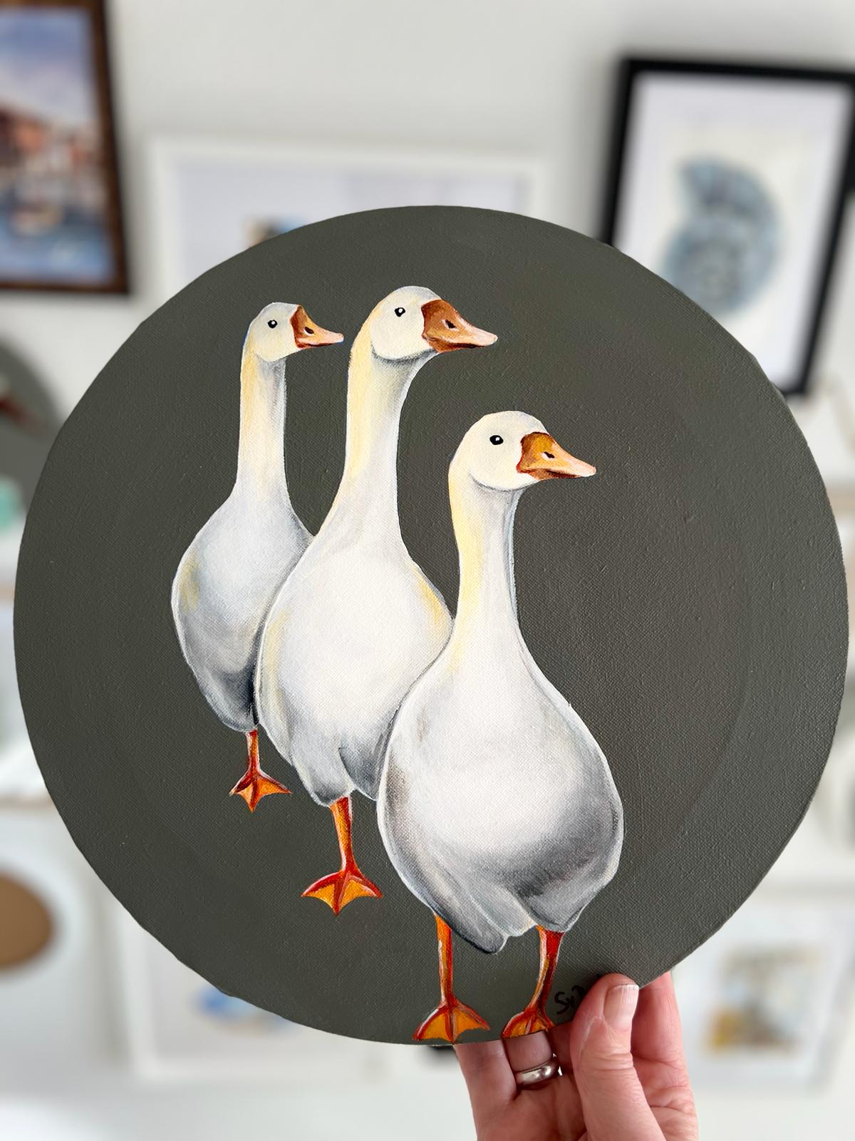 Three goose friends on a dark gray background. Painting, round, 30*30cm, gift idea, wall decoration, home decor.