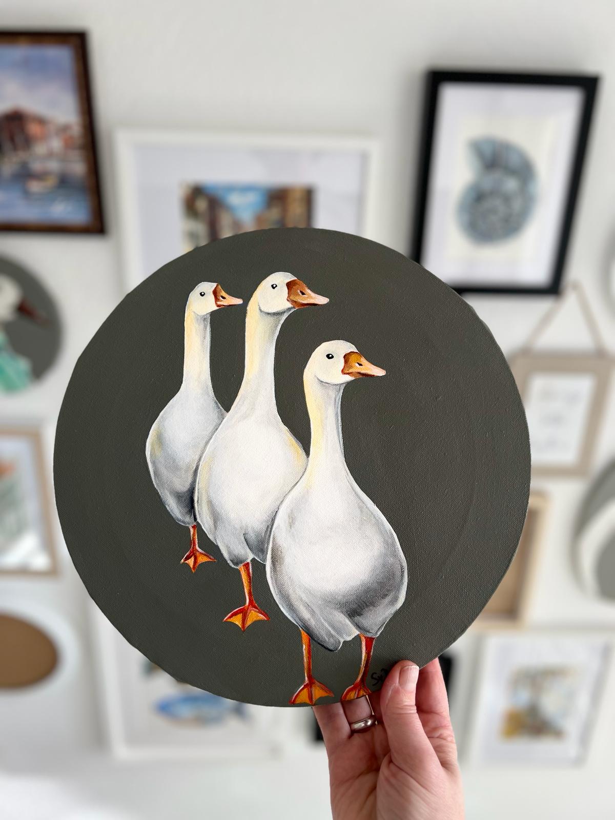 Three goose friends on a dark gray background. Painting, round, 30*30cm, gift idea, wall decoration, home decor.