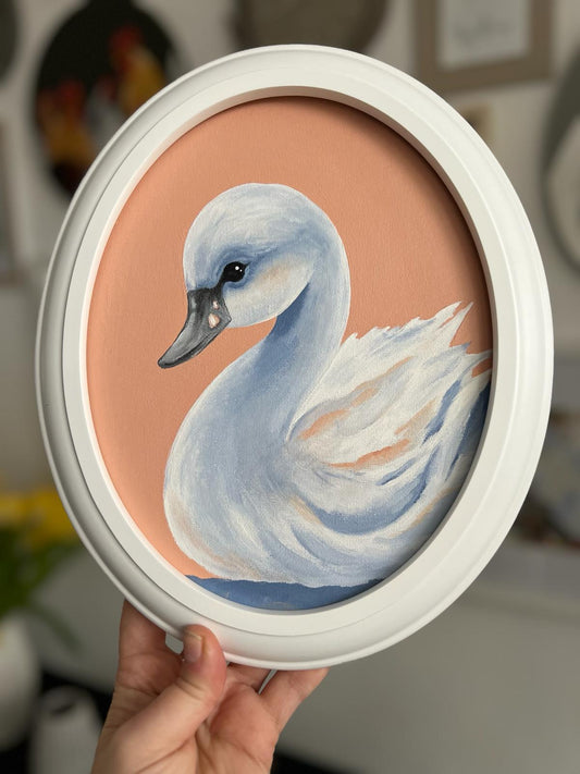 Little white swan. Acrylic painting on canvas in a frame, oval, 20*25 cm. Gift idea, wall decoration, country house decor.