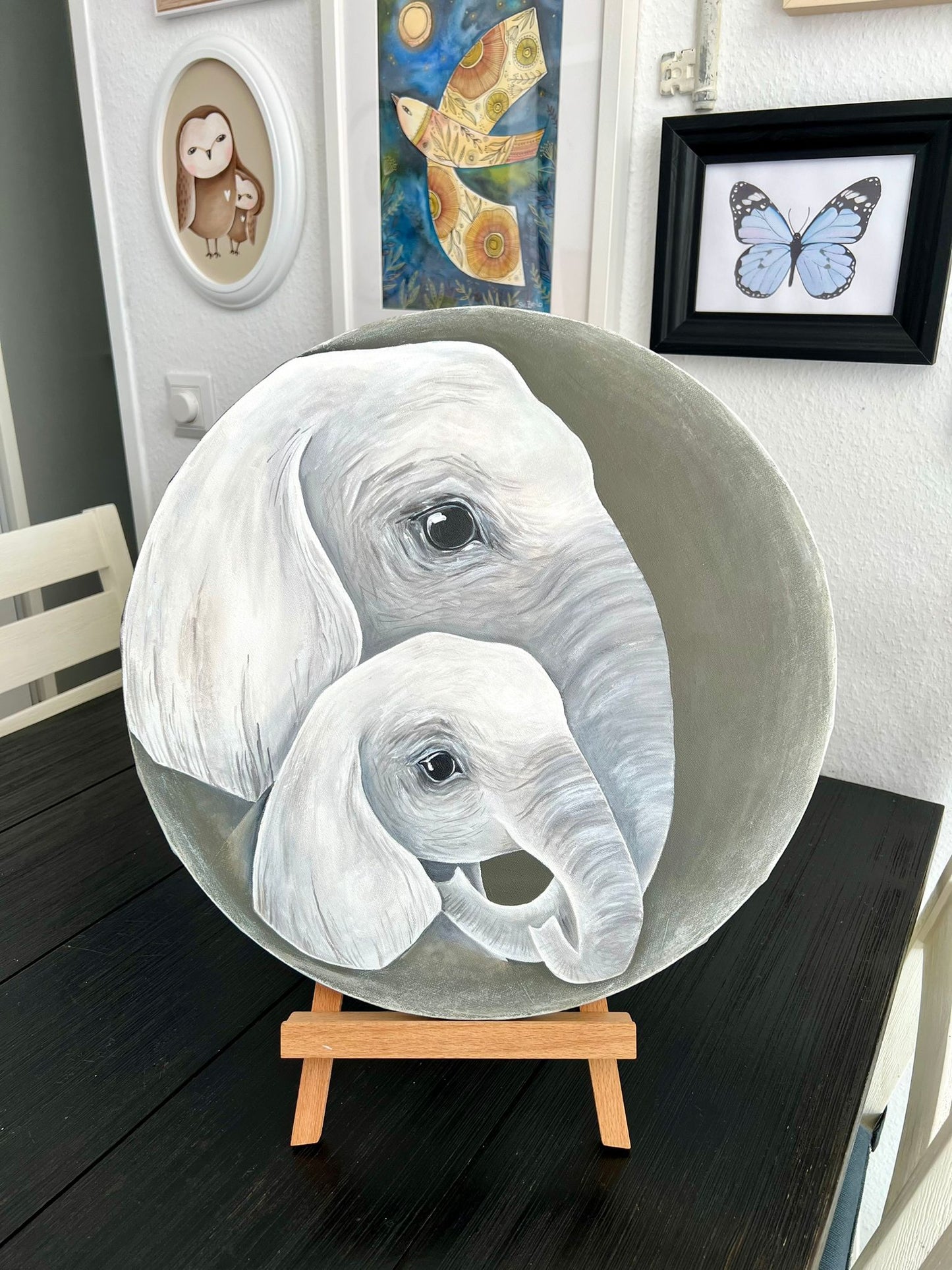 "Mother elephant with her baby. Acrylic, canvas, 40cm. Gift for mom. Warmth kindness tenderness maternal love country style country home