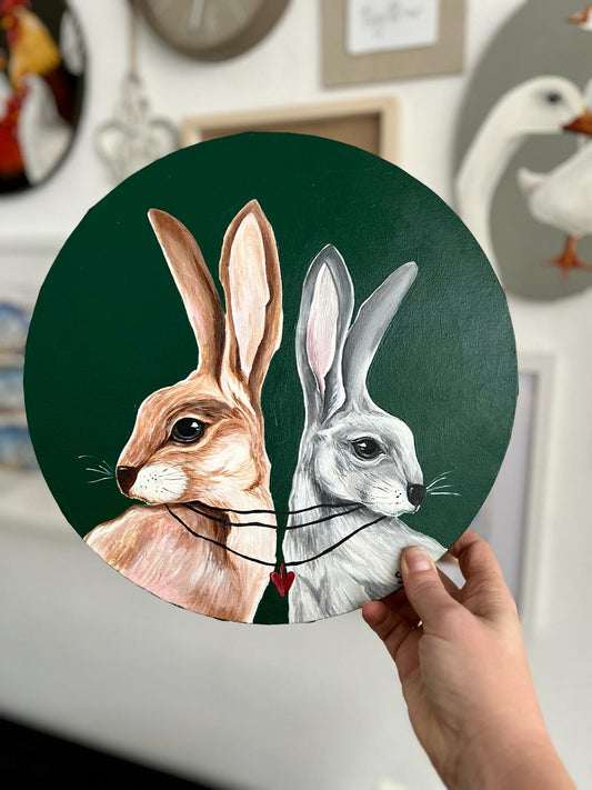 Together forever. Two rabbits on a dark green background. Painting, round, 30*30cm, gift idea, wall decoration, home decor.