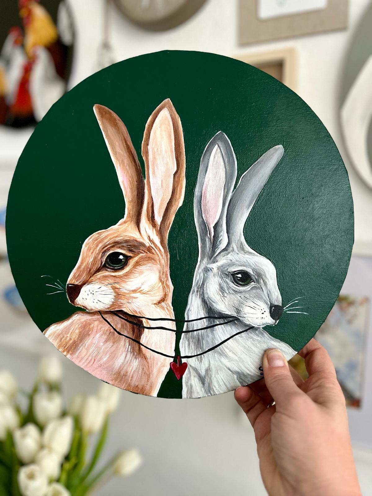 Together forever. Two rabbits on a dark green background. Painting, round, 30*30cm, gift idea, wall decoration, home decor.