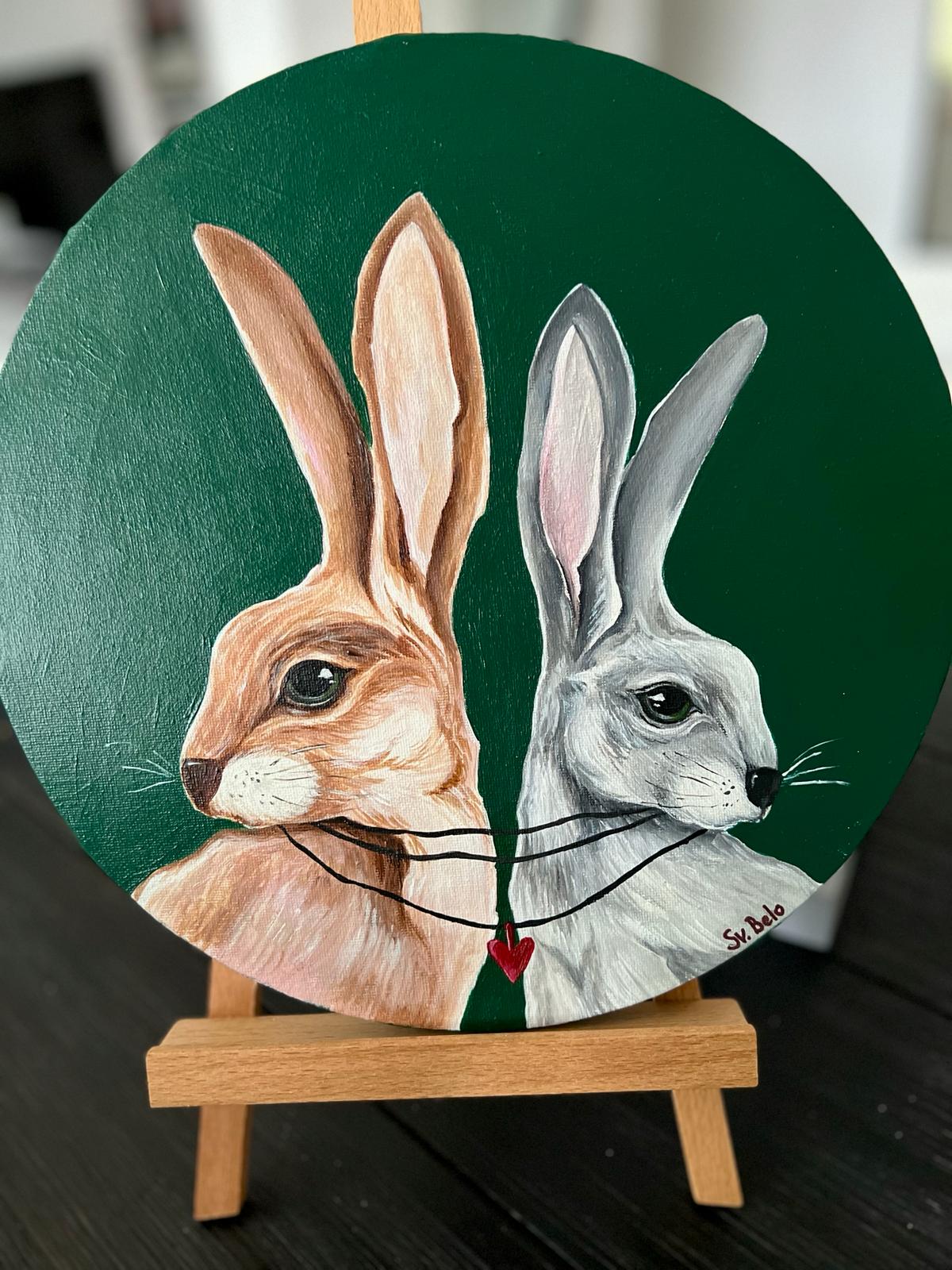 Together forever. Two rabbits on a dark green background. Painting, round, 30*30cm, gift idea, wall decoration, home decor.