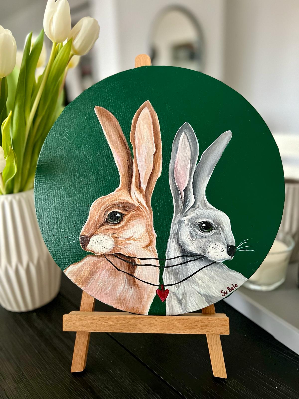 Together forever. Two rabbits on a dark green background. Painting, round, 30*30cm, gift idea, wall decoration, home decor.