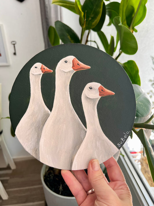 “Three Geese” Acrylic Naïve Folk Art, Round Canvas, 20 cm