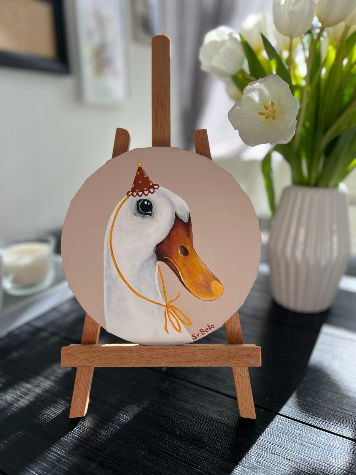 Child's birthday. Goose with a cap on his head. Round acrylic painting on canvas, 20cm, gift idea, wall decoration, home decor.
