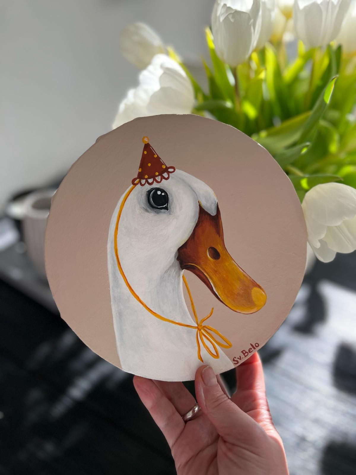 Child's birthday. Goose with a cap on his head. Round acrylic painting on canvas, 20cm, gift idea, wall decoration, home decor.