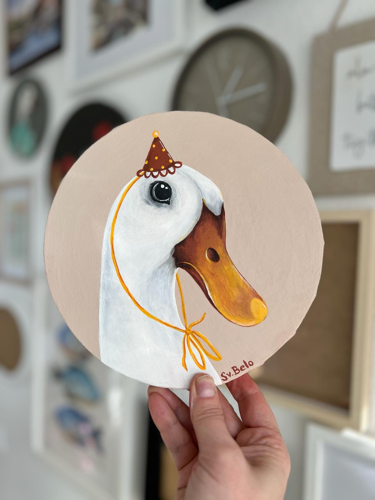 Child's birthday. Goose with a cap on his head. Round acrylic painting on canvas, 20cm, gift idea, wall decoration, home decor.