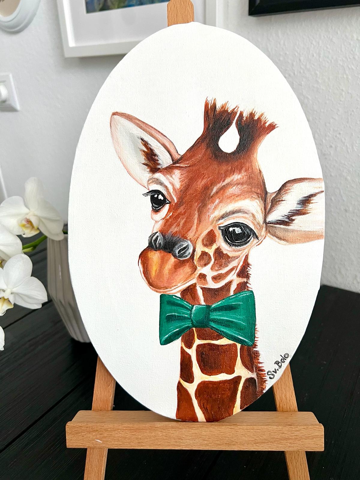 Giraffe Boy. Acrylic painting on canvas, oval, 20*30 cm. Gift idea, wall decoration, country house decor. Rustic style. Birthday gift.