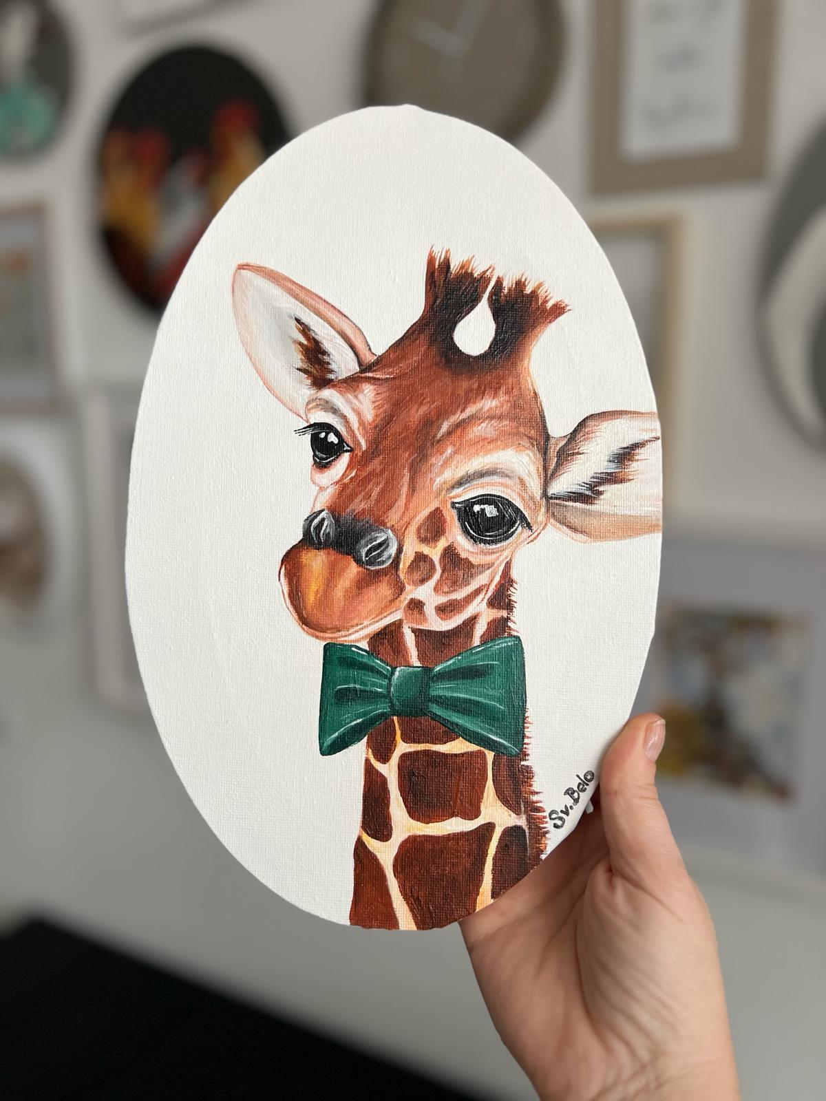 Giraffe Boy. Acrylic painting on canvas, oval, 20*30 cm. Gift idea, wall decoration, country house decor. Rustic style. Birthday gift.