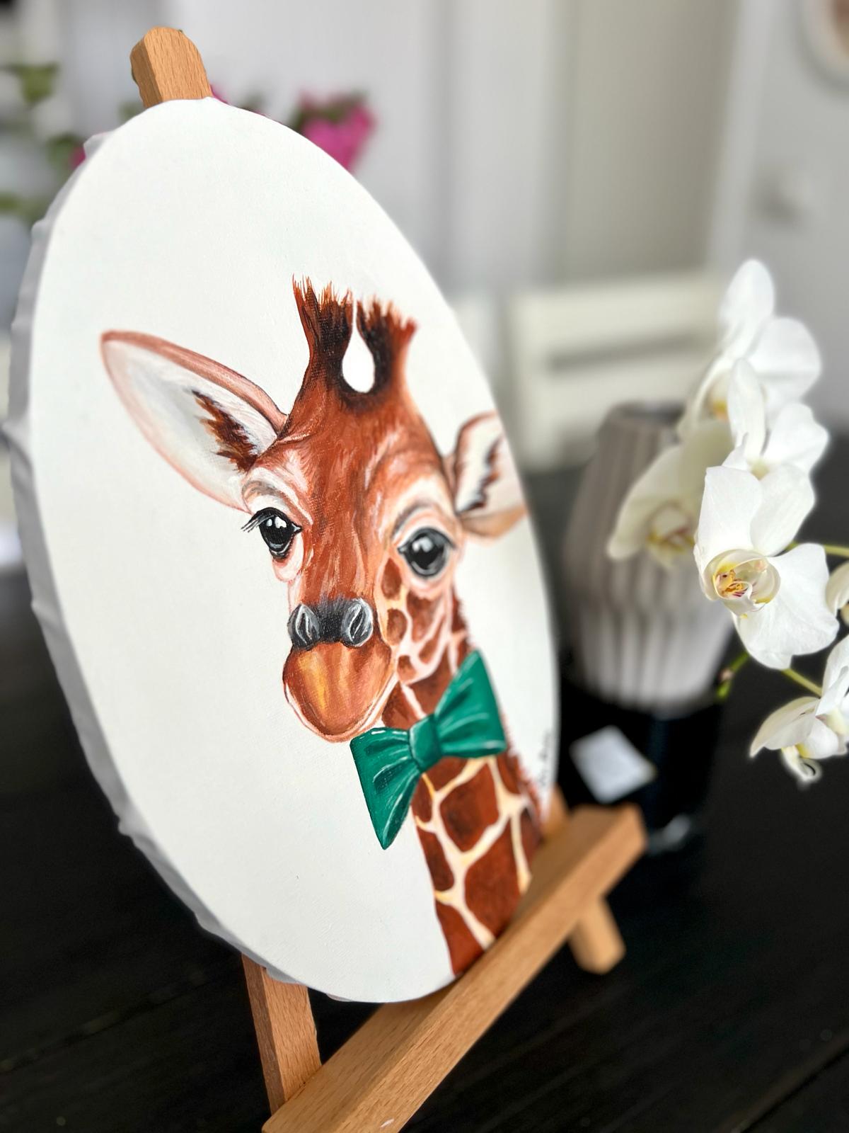 Giraffe Boy. Acrylic painting on canvas, oval, 20*30 cm. Gift idea, wall decoration, country house decor. Rustic style. Birthday gift.