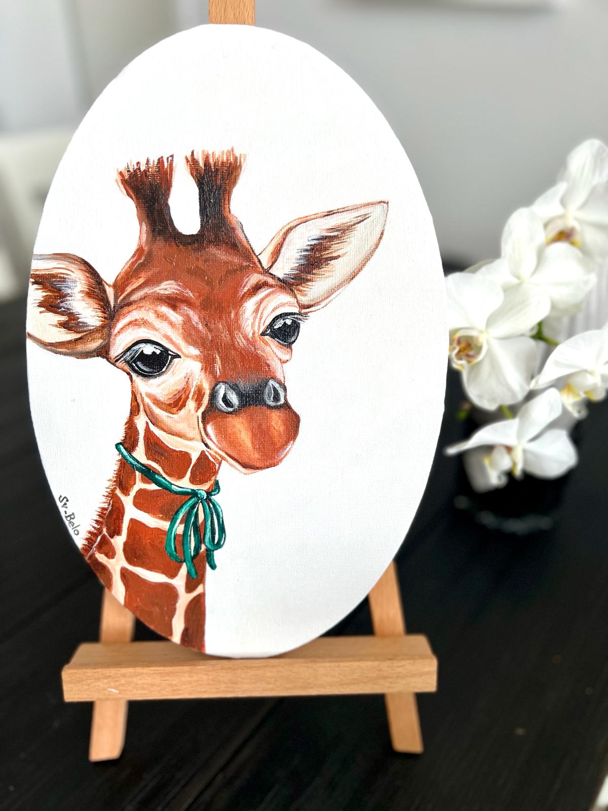 Giraffe Girl. Acrylic painting on canvas, oval, 20*30 cm. Gift idea, wall decoration, country house decor. Rustic style. Birthday gift.