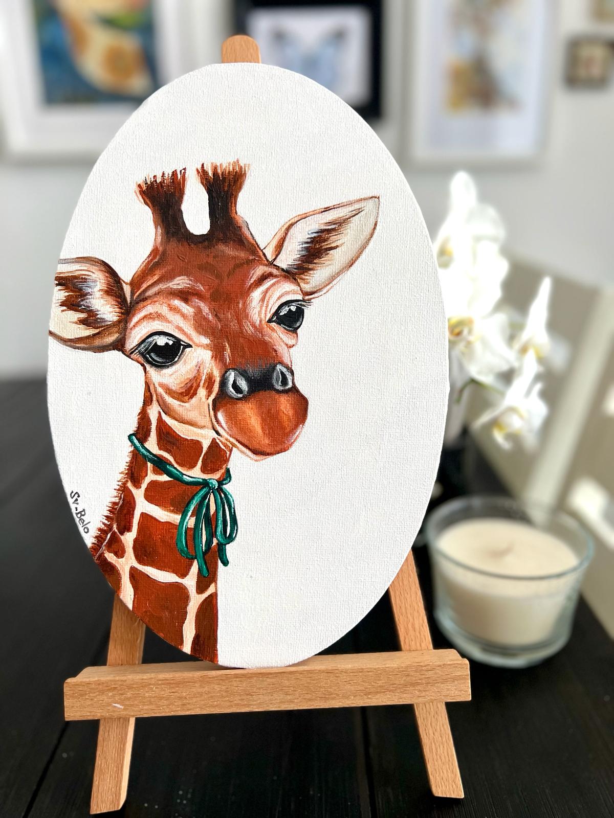 Giraffe Girl. Acrylic painting on canvas, oval, 20*30 cm. Gift idea, wall decoration, country house decor. Rustic style. Birthday gift.